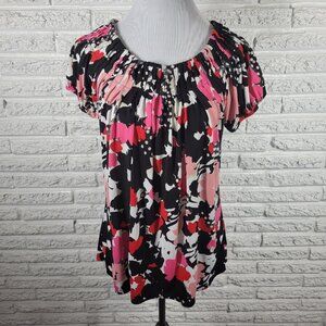 STYLE & CO Womens XL Blouse Pink Black Watercolor Pleated Short Sleeve WAT111E